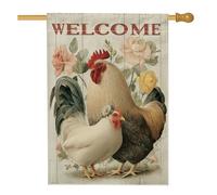 Drapeau de maison en forme de coq, rustique vintage, fleurs de poule, tons chauds, double face, en toile de jute décorative pour extérieur, terrasse, pelouse, entrée, camping, 71,1 x 101,6 cm