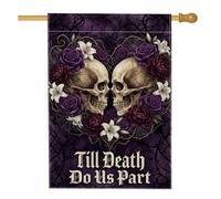 Drapeau de maison en forme de crânes, roses romantiques, lys, Halloween, violet, double face, décoration extérieure, porche, extérieur, terrasse, pelouse, entrée, camping, 71,1 x 101,6 cm