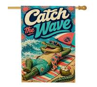 Drapeau de maison en forme de crocodile, tropical, rétro, soleil, été, turquoise, double face, en toile de jute pour porche, extérieur, cour, pelouse, patio, porte, entrée, 71,1 x 101,6 cm