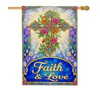 Drapeau de maison en forme de croix en verre teinté - Rose religieuse - Tulipes - Sans toile de jute bleue - Drapeaux décoratifs double face pour porche avant - Pour extérieur, cour, pelouse, patio