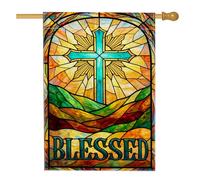 Drapeau de maison en forme de croix - Inspiration religieuse - Montagnes printanières - Bleu - Toile de jute double face - Drapeaux décoratifs pour extérieur, terrasse, pelouse, entrée, camping - 71,1