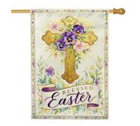Drapeau de maison en forme de croix - Pensée religieuse printanière - Chrysanthème de Pâques - Violet - Double face - En toile de jute - Pour extérieur, pelouse, cour, patio, entrée - 71 x 101 cm