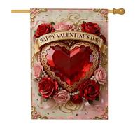 Drapeau de maison en forme de cœur, romantique et élégant avec roses et perles, rouge, double face, en toile de jute pour porche, extérieur, cour, pelouse, patio, porte, entrée, 71,1 x 101,6 cm