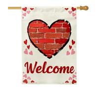 Drapeau de maison en forme de cœur, Saint Valentin romantique brique bienvenue Saint-Valentin rouge double face toile de jute extérieur grand drapeau de jardin pour extérieur, terrasse, cour, pelouse