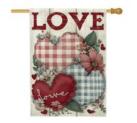 Drapeau de maison en forme de cœurs, fleurs rustiques romantiques, vichy rouge, Saint-Valentin, double face, en toile de jute pour extérieur, terrasse, pelouse, entrée, camping, 71,1 x 101,6 cm