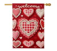 Drapeau de maison en forme de cœurs, Saint Valentin fantaisie en dentelle vichy rouge double face en toile de jute pour extérieur, pelouse, cour, patio, entrée 71,1 x 101,6 cm