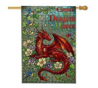 Drapeau de maison en forme de dragon, fleurs fantaisie, oiseaux, fantaisie, rouge, double face, en toile de jute décorative pour extérieur, cour, pelouse, terrasse, porte, entrée, 71,1 x 101,6 cm