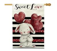 Drapeau de maison en forme de lapin, ballons à cœurs mignons pour la Saint-Valentin, rouge, double face en toile de jute pour extérieur, terrasse, pelouse, entrée, camping 71,1 x 101,6 cm