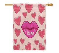 Drapeau de maison en forme de lèvres, romantique et ludique, cœurs, baiser, Saint-Valentin, pêche, double face, grand drapeau de jardin pour extérieur, terrasse, pelouse, entrée, camping 71 x 101,6 cm
