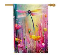 Drapeau de maison en forme de libellule, pétales de fleurs colorées impressionnistes en toile de jute double face pour porche, extérieur, cour, pelouse, patio, porte, entrée, 71 x 101,6 cm