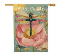 Drapeau de maison en forme de libellule - Vintage - Fleurs fantaisistes - Pavot - Printemps - Pêche - En toile de jute - Double face - Décoration extérieure - Pour extérieur, terrasse, pelouse, entrée