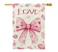 Drapeau de maison en forme de nœud, romantiques et ludiques, cœurs, bonbons, Saint-Valentin, pêche, double face, en toile de jute décorative pour extérieur, cour, pelouse, patio, porte, entrée, 71,1 x