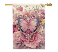 Drapeau de maison en forme de papillon, floral romantique, pivoine joyaux, pêche printanière, toile de jute double face pour extérieur, pelouse, cour, terrasse, entrée, 71,1 x 101,6 cm