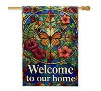 Drapeau de maison en forme de papillon, fougère d'hibiscus colorée printanière, bleu printanier, double face, en toile de jute décorative pour extérieur, terrasse, pelouse, entrée, camping, 71 x 101,6