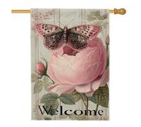 Drapeau de maison en forme de papillon - Vintage - Motif floral - Feuilles de rose - Pêche printanière - Double face - En toile de jute - Pour porche - Pour extérieur, cour, pelouse, terrasse, porte