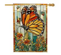 Drapeau de maison en forme de papillon, vitrail naturel, fleurs, feuilles, printemps, orange, double face, en toile de jute pour extérieur, cour, pelouse, terrasse, porte, entrée, 71,1 x 101,6 cm