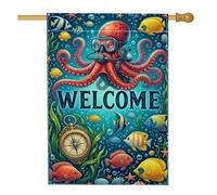 Drapeau de maison en forme de pieuvre, boussole sous-marine en toile de jute bleue d'été double face pour extérieur, cour, pelouse, terrasse, porte, entrée, 71,1 x 101,6 cm