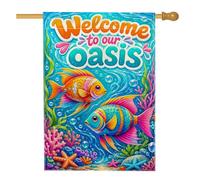 Drapeau de maison en forme de poisson, bulles de corail vibrantes d'été bleu été double face en toile de jute décorative pour extérieur, terrasse, cour, pelouse, entrée, balcon, 71,1 x 101,6 cm