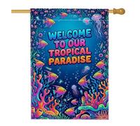 Drapeau de maison en forme de poisson, méduse de corail tropical vif bleu d'été double face en toile de jute pour porche, extérieur, terrasse, pelouse, entrée, camping 71,1 x 101,6 cm