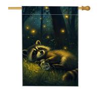 Drapeau de maison en forme de raton laveur, lucioles fantaisie, pot d'été vert en toile de jute double face, drapeaux décoratifs pour extérieur, terrasse, pelouse, entrée, camping, 71,1 x 101,6 cm