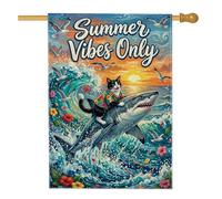 Drapeau de maison en forme de requin, chat tropical d'été, vagues de l'océan, bleu d'été, double face, en toile de jute décorative pour extérieur, terrasse, cour, pelouse, entrée, balcon, 71,1 x 101,6
