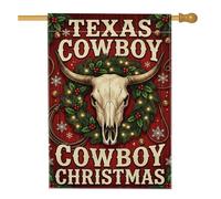 Drapeau de maison en forme de tête de mort de Noël de l'ouest du Texas | Thème occidental, drapeau de cour, couronne rustique, clochettes, corde lasso, décoration extérieure de ferme
