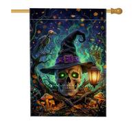 Drapeau de maison en forme de tête de mort, lanterne effrayante en toile de jute verte double face pour porche, extérieur, cour, pelouse, patio, porte, entrée, 71,1 x 101,6 cm
