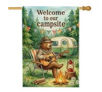 Drapeau de maison en forme d'ours, camping, guitare rustique, feu de camp, toile de jute verte d'été double face pour extérieur, cour, pelouse, terrasse, porte, entrée, 71 x 101,6 cm