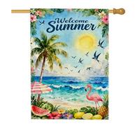 Drapeau de maison en palmier, oiseau tropical tropical, soleil, été, bleu, double face, en toile de jute décorative pour extérieur, pelouse, cour, patio, entrée, 71,1 x 101,6 cm