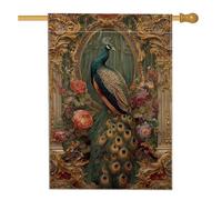 Drapeau de maison en paon, roses élégantes et baroques, en toile de jute verte printanière, double face, pour porche, extérieur, terrasse, cour, pelouse, entrée, balcon, 71 x 101 cm