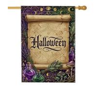 Drapeau de maison en parchemin de sorcière d'Halloween 71 x 101 cm | Herbes botaniques sorcières, drapeau de cour, bouteilles de potion magiques, phases de lune céleste, géométrie mystique