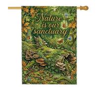 Drapeau de maison en rondins, champignons fantaisie, papillons, vert printemps, double face, toile de jute pour extérieur, terrasse, pelouse, entrée, camping, 71 x 101,6 cm