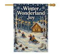 Drapeau de maison en rondins de bois avec scène de cabane enneigée Winter | Bouleaux, drapeau de cour, scène de luge, pommes de pin, guirlandes lumineuses, patins à glace, décoration extérieure