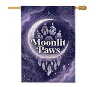 Drapeau de maison en toile de jute double face avec empreintes de pattes mystiques bohèmes, plumes violettes nocturnes, décoration extérieure pour extérieur, terrasse, cour, pelouse, entrée, balcon