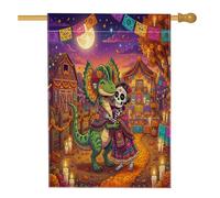 Drapeau de maison en toile de jute Jour des morts Dilophosaure pour cour avant cour 71 x 101 cm Double face pour extérieur, drapeaux squelette amusants pour maison, porche