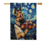 Drapeau de maison en toile de jute pour jardin, berger allemand, 71,1 x 101,6 cm, double face pour extérieur, violon étoilé, nuit, violon, maison, drapeau pour animal domestique, chiot, porche
