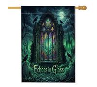 Drapeau de maison en vitrail - Corbeaux mystiques gothiques - Architecture gothique d'Halloween - Noir - Double face en toile de jute - Drapeaux décoratifs pour extérieur, pelouse, cour, patio, entrée