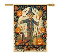 Drapeau de maison épouvantail - Balai de citrouilles festives saisonnières - Orange - Double face - Décoration extérieure - Pour extérieur, pelouse, cour, patio, entrée - 71,1 x 101,6 cm
