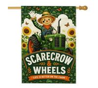 Drapeau de maison épouvantail rustique, tracteur de tournesol vert automne double face en toile de jute pour extérieur, cour, pelouse, terrasse, porte, entrée, 71,1 x 101,6 cm