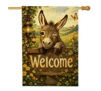 Drapeau de maison fantaisie avec âne clin d'œil 71,1 x 101,6 cm | Style rustique de ferme, drapeau de cour, charmant animal clin d'œil, accents floraux de prairie, éclairage de lanterne