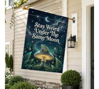 Drapeau de maison fantaisie avec citation champignon amphibien et lune 71,1 | Décoration rustique, drapeau de pelouse, esthétique céleste, art champignon, thème de la nature fantaisie