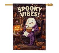 Drapeau de maison fantôme, citrouilles fantaisistes et douillettes pour Halloween, violet, double face, en toile de jute décorative pour extérieur, terrasse, cour, pelouse, entrée, balcon, 71,1 x