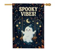 Drapeau de maison fantôme, fantaisie festif balançoire lune Halloween bleu toile de jute double face décoratif extérieur porche drapeaux pour extérieur, cour, pelouse, patio, porte, entrée 71,1 x