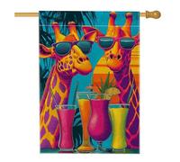Drapeau de maison girafe, lunettes de soleil tropicales vibrantes, cocktails, été jaune en toile de jute double face pour extérieur, cour, pelouse, terrasse, porte, entrée, 71,1 x 101,6 cm