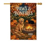 Drapeau de maison Golden Retriever avec citation d'animal Pattes et feux de | Golden Retriever, drapeau de pelouse, chat, feu de joie, jack-o-lanternes, couverture à carreaux, guirlandes lumineuses