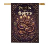 Drapeau de maison gothique avec citation serpent mystique et livre de sorts | Esthétique gothique, drapeau de cour, bouteilles de potion mystiques, livres de sorts antiques, phases de lune céleste