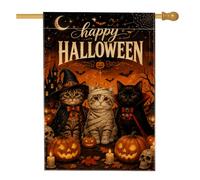 Drapeau de maison Halloween avec chats et citrouilles 71,1 x 101,6 cm | Château hanté effrayant, drapeau de cour, lanternes lumineuses, gothique, esthétique vintage, costumes félins