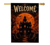 Drapeau de maison Halloween avec citation de bienvenue hantée 71 x 101 cm | Typographie gothique, drapeau de pelouse, toile de fond pleine lune, silhouettes de chauve-souris, scène de cimetière