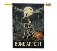 Drapeau de maison Halloween avec citation effrayante squelette chien chasse | Cadre de cimetière effrayant, drapeau de pelouse, jeu de mots humoristique, motif chien de chasse, fond de pleine lune