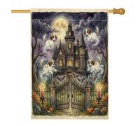 Drapeau de maison hantée d'Halloween St. Bernard - 71 x 101 cm - Double face pour décoration extérieure, fantôme amusant - En toile - Motif effrayant et effrayant - Drapeau de pelouse